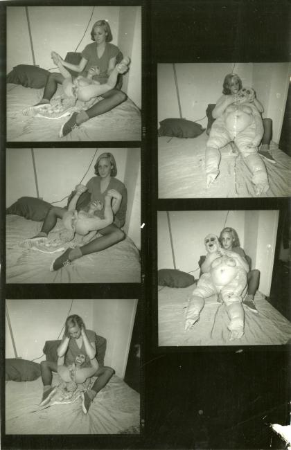 Contact sheet with 5 images of Greer Lankton with Hermaphrodite Giving Birth and Dee Dee Delux