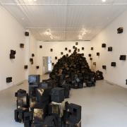 Digital image IRC.2012.04377 showing Juan Roberto Diago's installation, Ascending City, at the Mattress Factory, 2010.
