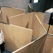 slide IRC.2012.03667 (old number: SCH.B-T005) showing Buky Schwartz's installation, Three Angles of Coordination for Monitoring the Labyrinthian Space, at the Mattress Factory, 1986.